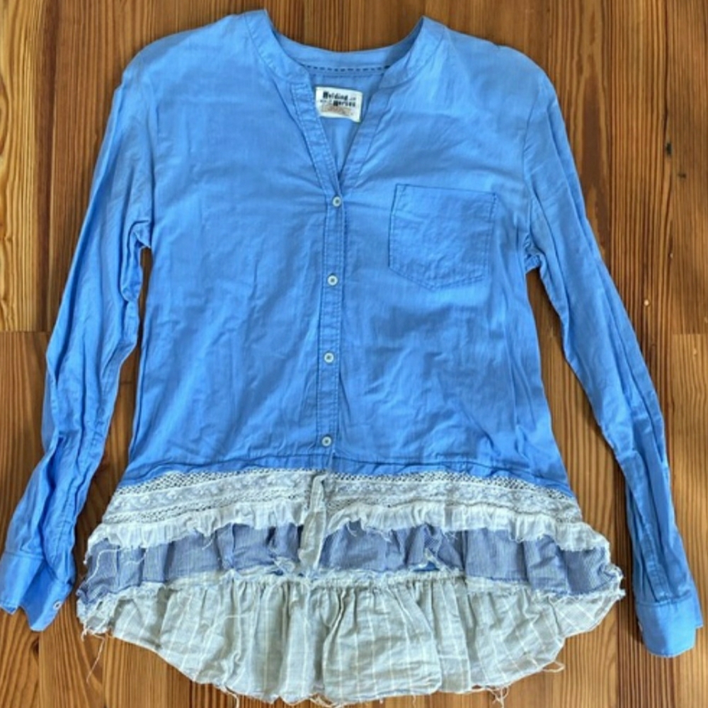 Blue Button-Front Ruffle Hem Women's Top